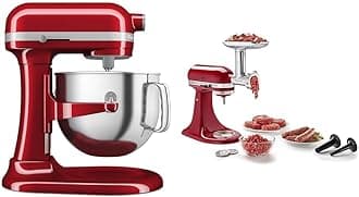 7 Quart Bowl-Lift Stand Mixer, Candy Apple Red & KSMMGA Metal Food Grinder Attachment, Silver