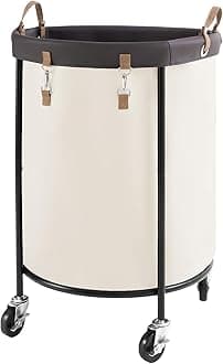 StorageWorks 170L Rolling Laundry Basket, Clothes Hamper with Wheels, Round Clothing Cart with Steel Frame and Removable Bag, 4 Casters and 2 Brakes, Beige, 1-Pack