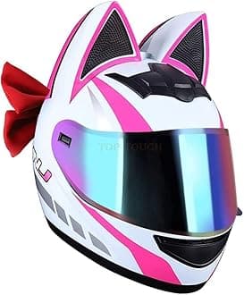 DOT Approved Cat Ears Motorcycle Street Helmets Breathable Cool Girl Men Women Couple Helmet Street Moto Full Face Helmet with Visor, Adult Flip Up Visors Motocross Helmet, All Seasons