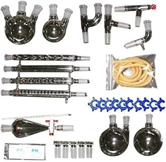 New 32 Pcs Laboratory Essential Oil Distillation Organic Chemistry Apparatus Glassware Kit Full Set Lab Chemical Device w/Graham Condenser 24/40 Joint Separatory Funnel Celsius Thermometer