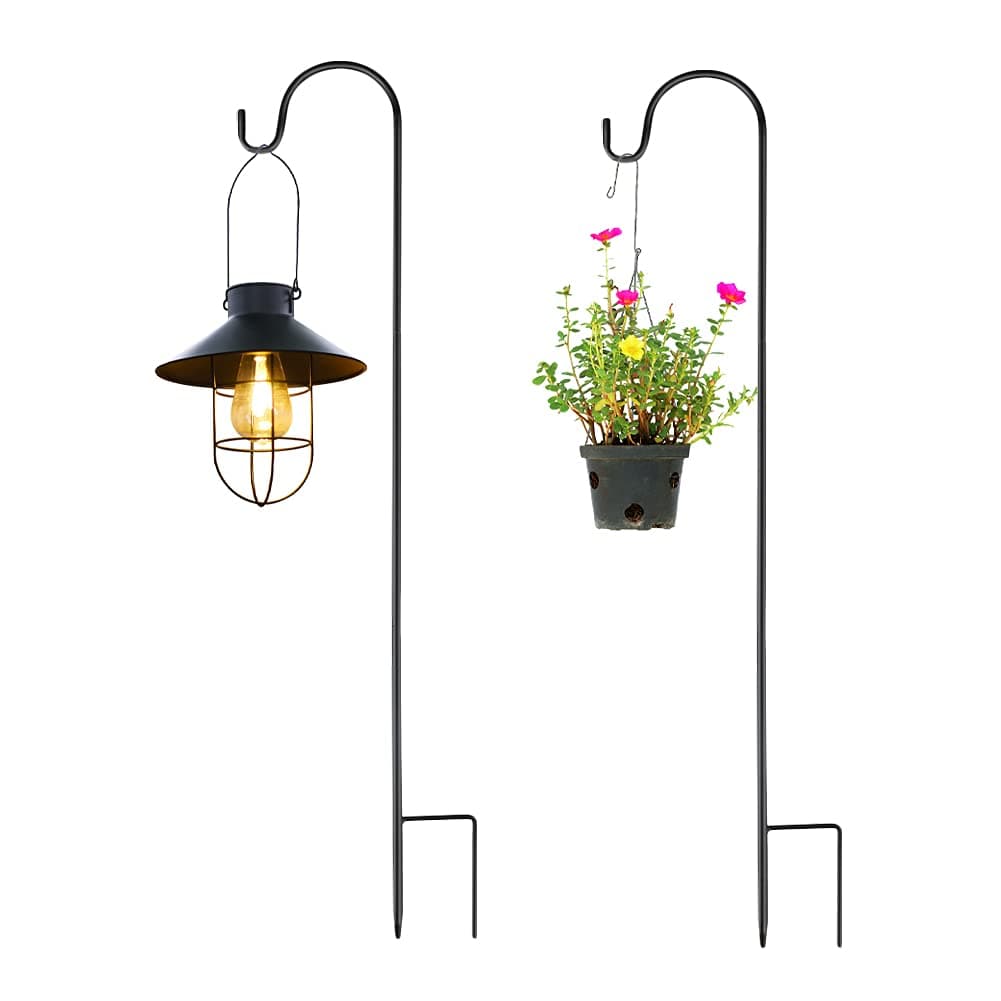 Jermily 2 Pack Shepherds Crook Hooks, Adjustable Height Shepherds Hooks with Base, 76 cm/29.64 in Metal Border Hook for Garden Lights, Lanterns,Plant Baskets, 3 Section Stitching, (Black)