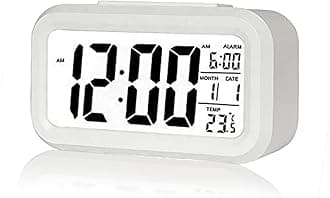 Digital Alarm Clock,Battery Operated Small Desk Clocks,with Date,Indoor Temperature,Smart Night Light,LCD Electronic Clock for Bedroom Home Office - White