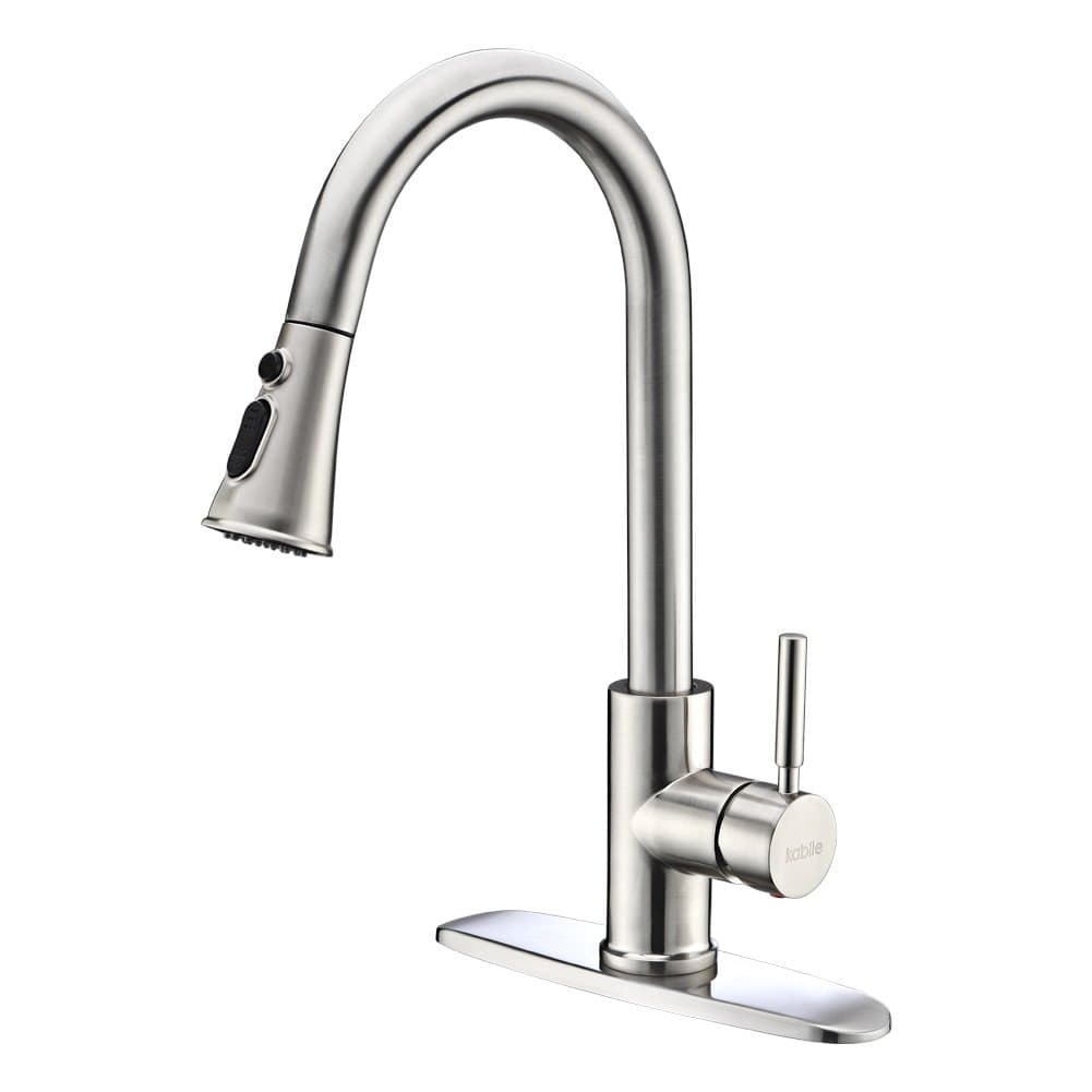 Kitchen Faucets with Pull Down Sprayer - Kablle Commercial Single Handle Brushed Nickel Kitchen Faucet, Single Level High Arch Pull Out Stainless Steel Kitchen Sink Faucets with Deck Plate