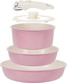 Kikcoin5 Pack Ceramic Pots and Pans Set Non Stick, Kitchen Cookware Set Detachable Handle, Non Toxic Cooking Set with Removable Handles, Induction Dishwasher/Oven Safe, Ollas de Cocina, Pink