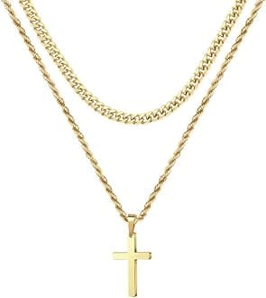 Ursteel Layered Cross Necklace for Men - 18K Gold Silver Black Cross Necklaces Chain for Men, Layered Rope Chain Cross Necklace for Men 16 18 20 22 24 Inch