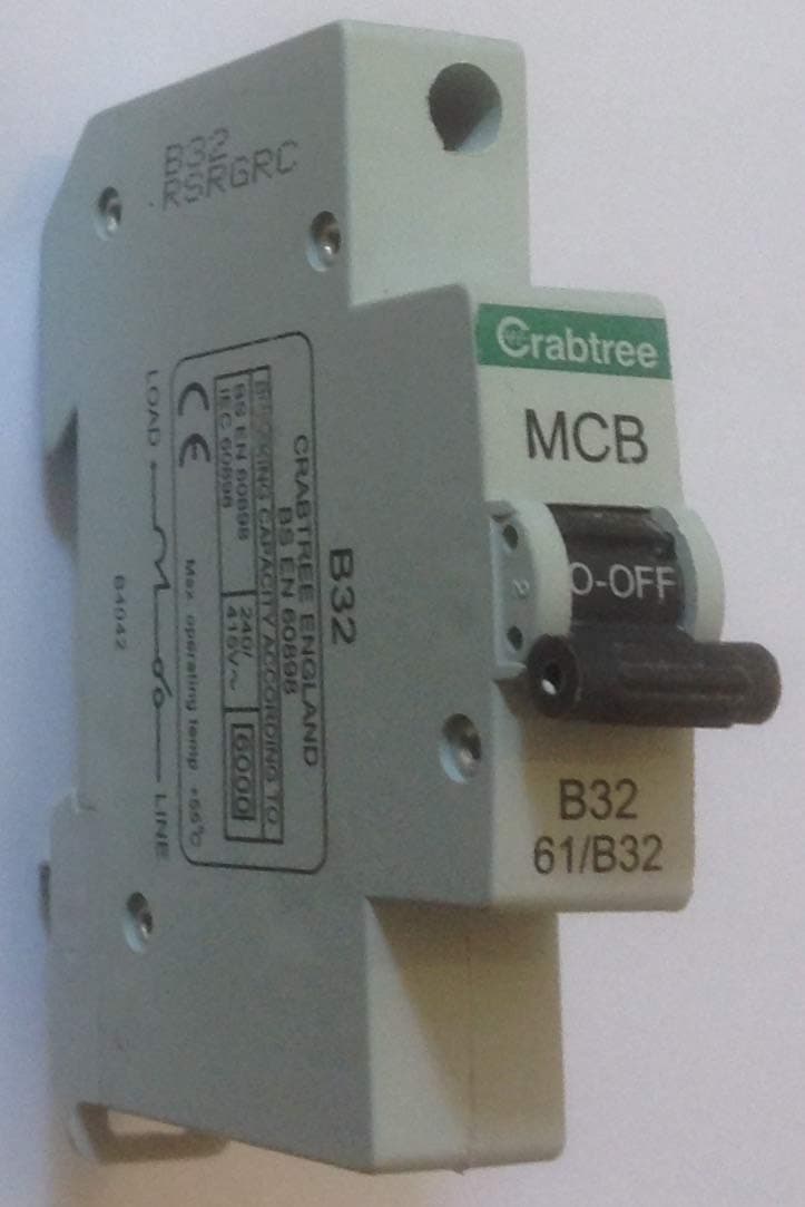 Crabtree 61/B32 MCB | Version with Switch in centre of MCB | Very Pale Grey colour | Starbreaker B32 32 Amp Type B circuit breaker