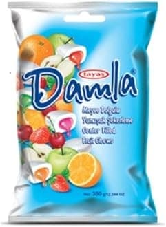 Tayas Damla Soft Chewy Candy Center-filled Fruit Chews, Orange, Strawberry, Sour Cherry, Apple, Peach, Raspberry Family Size 350 Grams, 12.34 Ounces