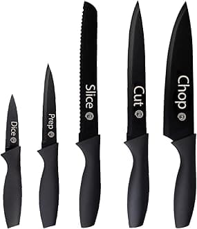 Knife Set of 5 Kitchen Knives for Cooking (Paring, Utility, Bread, Carving & Chef Knives), Professional Sharp Stainless Steel, Non Stick Blades & Soft Touch Handles, Black, 5 Piece