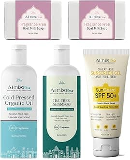 Hajj/Umrah Kit Fragrance Free Goat Milk Handmade Soap Set of 2 100gm each x 2 and Organic Hair Oil 100ml with Sweat Free Sunscreen Gel Spf 50gm Herbal Hair Shampoo 100ml Combo Set of 5