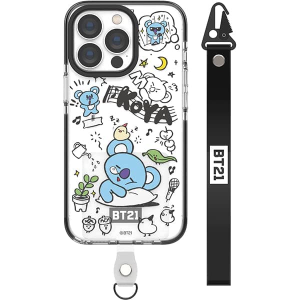 BT21 Doodle Smart Tab Clear Line Case Compatible with iPhone 13 Pro 6.1 Inch, Durable Full Body Protection, with Strap, Raised Lip (Screen & Camera Protection) [Official Product] (KOYA)