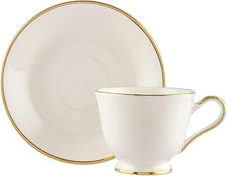 Light Weight Plain White Gold Rim Semi Deluxe Fine Bone China Tea Cup Saucers Set - 140ml, Set of 6 (6 Cups & 6 Saucer)