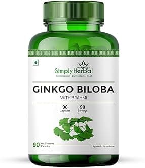 Ginkgo Biloba 120mg With Bacopa Monnieri Extract Brahmi 380mg for Better Concentration, Improves Blood Circulation, Enhance Alertness, Memory & Learning, 90 Capsules