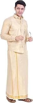 Fashily Men's Traditional Indian Shirt and Dhoti Set, Full Sleeves Tissue Sil...