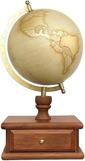 8 Inch Decorative Spinning World Globe with Seasoned Wood Drawer - Gold Foil Stamp Map, Cream Texture - Elegant Home & Office Decor, Educational Showpiece,Perfect Gift