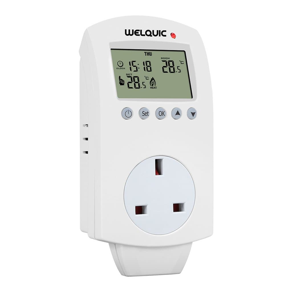 WELQUIC Plug-In Thermostat Plug - 5-2 Day Programmable Wireless Temperature Controller Socket Plug Thermostat for Heating and Cooling with Timer Function, Memory, and LCD Display