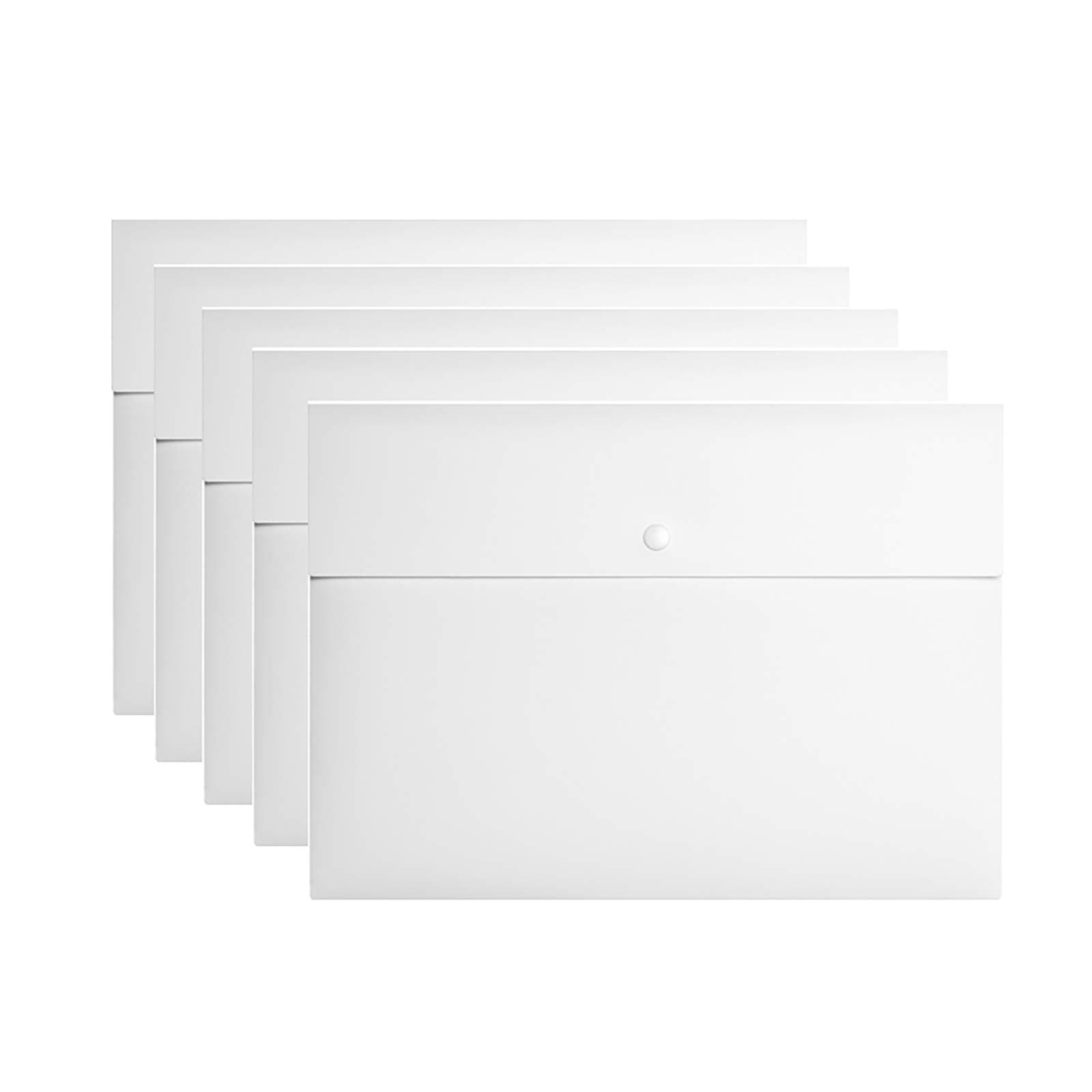 VANRA Poly File Folder Pockets File Jacket Plastic Envelope Flat Document Letter Organizer with Snap Button Closure A4 Letter Size (Pack of 5, White)
