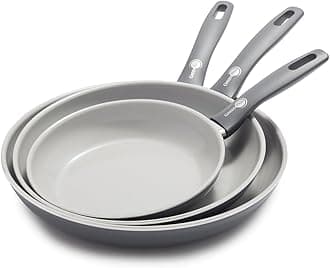 GreenPan Dover 8” 10” and 12” 3 Piece Frying Pan Skillet Set, Non-Toxic PFAS-Free Ceramic Nonstick Coating, Sear Saute Fry Egg Omlete, Dishwasher & Oven Safe, Stay Cool Handle, Easy Pour Rims, Gray