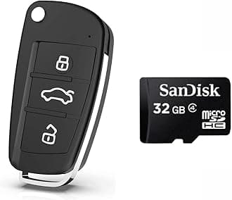 TECHNOVIEW Wired Keychain Camera Full HD 1080p - Audio Video Recording, Includes Free 32GB SD Card, Indoor & Outdoor Security Camera (Black)