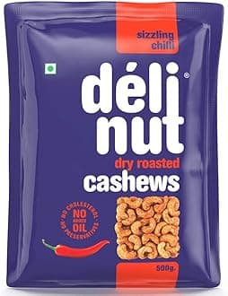 Delinut Sizzling Chilli Dry Roasted Cashews/Kaju 500g | Spicy & Crunchy WW240 Whole Cashew Nuts | Fiery Chilli Flavour | FOST Flavour Lock Technology | Nitrogen Flushed | No Added Oil, Colors or Preservatives