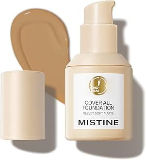 MISTINE Liquid Foundation Makeup Full Coverage for Oily Skin, 24 Hour Oil Control, Skin-Caring, Moisturizing Formula, Waterproof, Matte Finish, Satin, 1 Fl Oz
