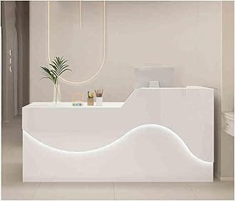 Modern Reception Desk with Spacious Desktop & Large Storage, Stylish Front Office Furniture, Atmosphere Lighting Design, Beautiful & Practical (White, Left 140CM)