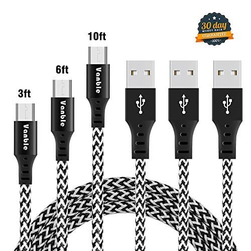 Micro USB Cable, Vanble High Speed 2.0 USB to Micro USB Sync & Charging Nylon Braided Cable for Android/Windows/MP3/Camera and Other Device (3 Pcs, White&Black)