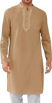 Runcati Mens Kaftan Thobe Button Down Casual Henley Shirts Long Sleeve Robe Cotton Linen Muslim Gown Shirt