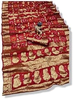 PK HUB Women's Jaipuri Rajasthani Art Silk Bandhani Banarasi Gharchola Saree – Traditional Bandhej Saree with Zari Border