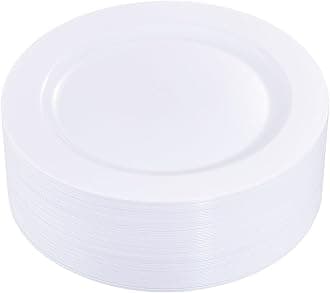 I00000 50Pcs White Plastic Dinner Plates 10 Inch, Premium Disposable Party Plates, Safe and Reusable, Heavy Duty Plastic Plates Perfect for Wedding Valentine's Day Party