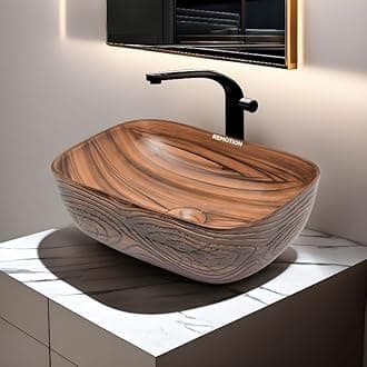 REMOTIONWooden Style Designer Wash Basin Countertop | Tabletop Ceramic Bathroom Sink | Wash Basin For Bathroom (18 x 13 x 5.5 Inch) (Wodeen Style Designer Basin-5)