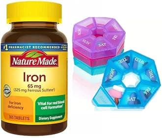 Nature Made Iron 65 mg (325 mg Ferrous Sulfate) Tablets, Dietary Supplement for Red Blood Cell Support, 365 Tablets, 365 Day Supply Bunde with Weekly Pill Organizer