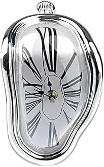 Creative Dali Watch Melting Clock Surrealistic Table Shelf Desk Fashion Melted Clock Salvador Dali Distorted Clock Home Decoration (Silver)