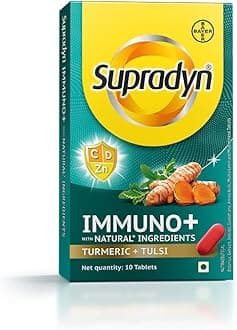 Supradyn Immuno +, Multivitamin Vit C, Vit D, Zinc, Unique blend of Tulsi, Turmeric, Shatavari & Ashoka, Pack of 6 x 10 Tablets