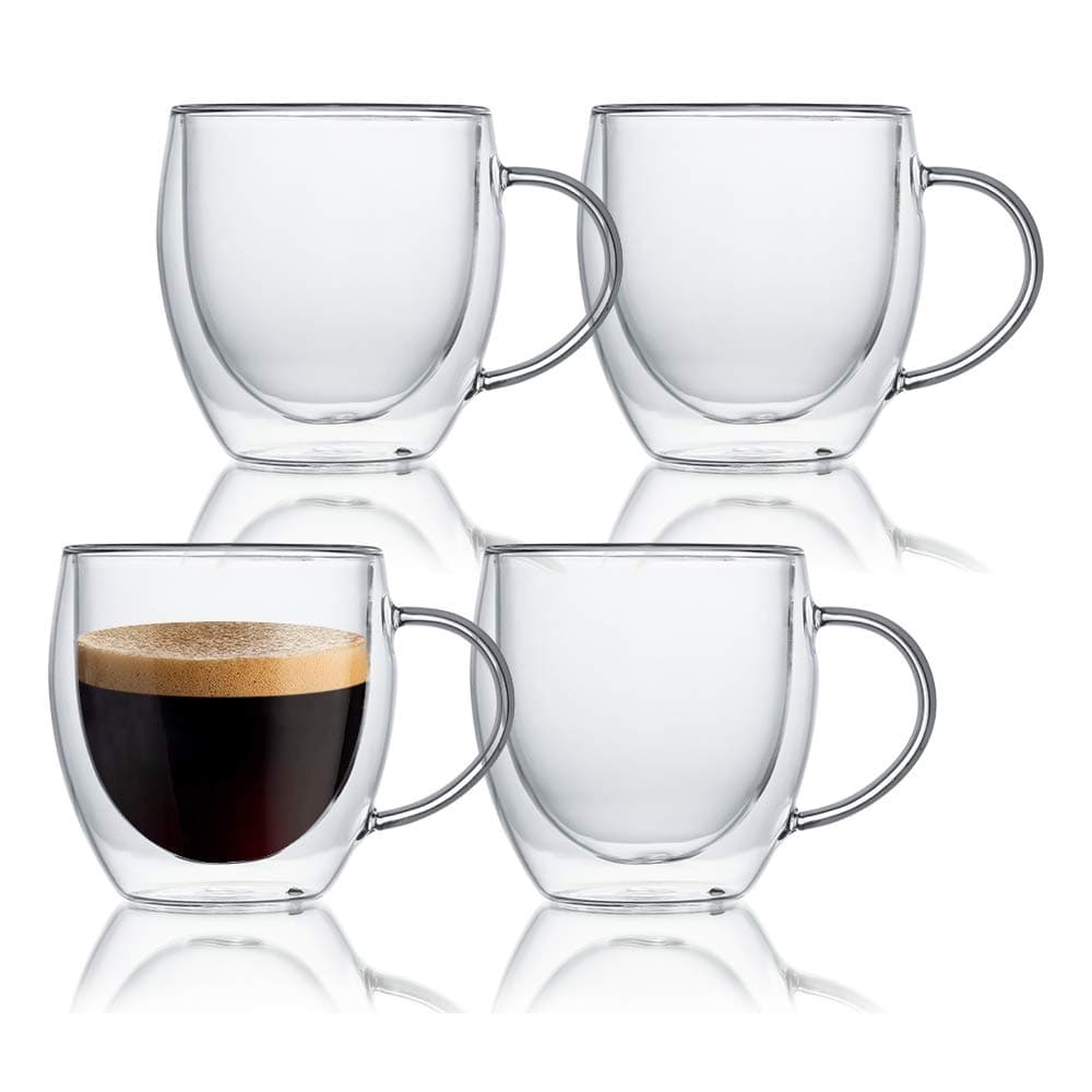 KitchenTour Insulated Coffee Mug 8 oz- Double Wall Glass Coffee Cup with Handle Set of 4 - Clear Glass Drinkware for Espresso，Cappuccino, Latte，Hot Beverages