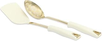 Martha Stewart Lockton 2-Piece Stainless Steel & Nylon Kitchen Turner and Slotted Spoon Set - Linen w/Gold