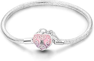 Charm Bracelet for Women Sterling Silver, Heart Clasp Snake Chain Bracelet Travel Charm Moments European Bracelet Jewelry Compatible with Pandora Charms, Gift for Her