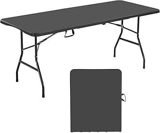 VEVOR Folding Table, Heavy Duty Portable Fold-in-Half Utility Table, Indoor Outdoor Plastic Rectangle Table with Built in Handle, for Party, Dining, Wedding, Events, Picnic, Camping, 6 ft, Black