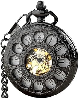 VIGOROSO Vintage Hand Wind Up Pocket Watches for Men, Mechanical Pocket Watch with Chain, Mens Skeleton Pocketwatch