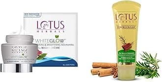 Lotus Herbals White Glow Skin Whitening and Brightening Nourishing Night Crème | 60g And Lotus Herbals Teatreewash Tea Tree and Cinnamon Anti-Acne Oil Control Face Wash, 1 count (Pack of 1)