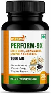 Vitasta PERFORM-9X SAFED MUSLI, ASHWAGANDHA, SATAVARI & KAUNCH BEEJ 1000 MG •Boosts Immunity •Provides Energy •Improve Strength DIETARY FOOD SUPPLEMENT (30N Capsules)