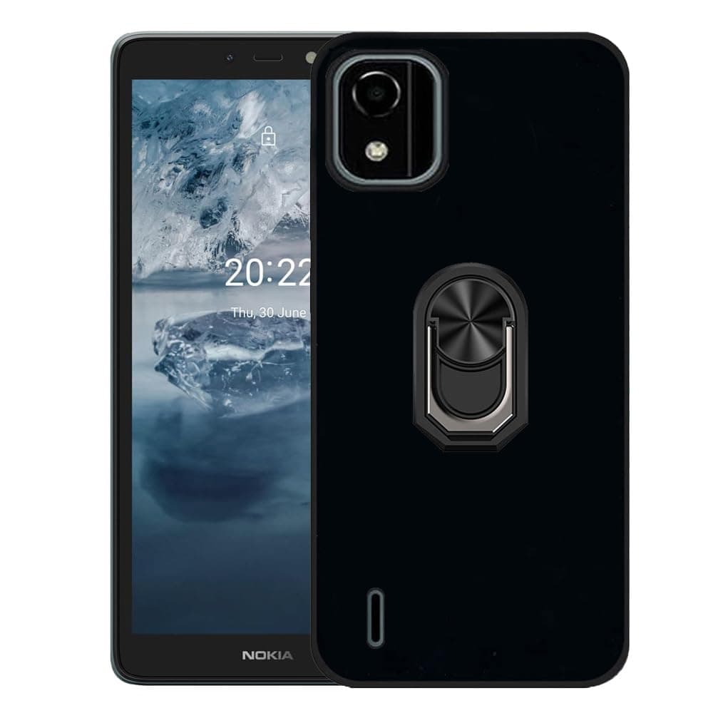 for Nokia C2 2E / C2 2nd Edition 5.7" Case with Screen Protector, Ring Holder Kickstand, Black Flexible Ultra Slim Thin Resilient Silicone Rubber Soft TPU Bumper Case