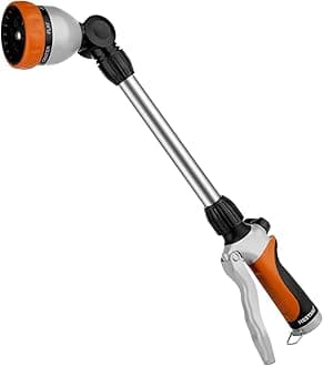 Metal Watering Wand, Heavy Duty Garden Hose Wand with 180° Swivel Ratcheting Head, 16'' Hose Nozzle Sprayer with 7 Spray Patterns and Flow Control, for Water Hanging Baskets and Shrubs, Orange