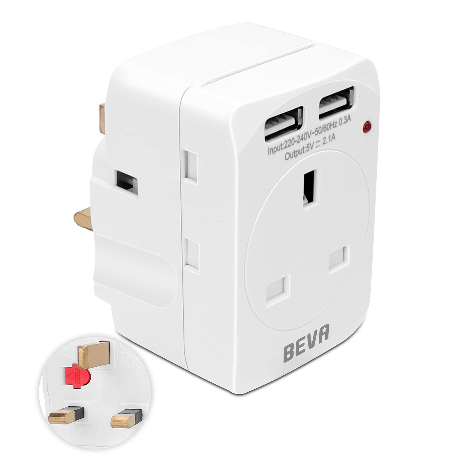 3 Way Plug Adapter with 2 USB, BEVA Triple Wall Charger Multi Plug Extension with USB Slots, 13A UK 3 Pin Power Socket for Home, Office, Travel - White