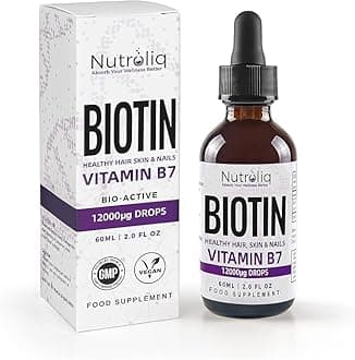 Nutroliq Biotin Liquid Drops - Vegan Vitamin B7 Dietary Supplement for Hair, Nail & Skin Health - Pure 12000mcg Biotin Drops for Hair Growth - Extra Strength Berry-Flavoured Vitamin H Serum - 60 ml