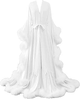 Womens Sexy Feather Bridal Robes Silk Satin Long Nightgown Bathrobe Sleepwear Maternity Robe for Photoshoot