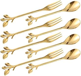 Turbokey Tableware Gold Leaf Coffee Spoon Fork,8 Pack(4 Spoons 4 Forks) Little Demitasse Espresso Spoon and Appetizer Dessert Forks Set,4.7 Inches Tea Spoon Set (Gold8)