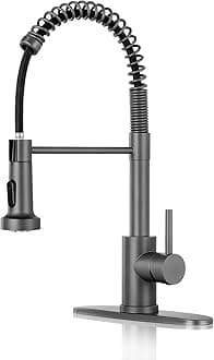 DJSKitchen Faucets with Pull Down Sprayer Stylish Gray -【High Arc】 Single Handle 1 or 3 Holes Spring Kitchen Sink Faucet with Deck Plate for Farmhouse RV Vessel Basin