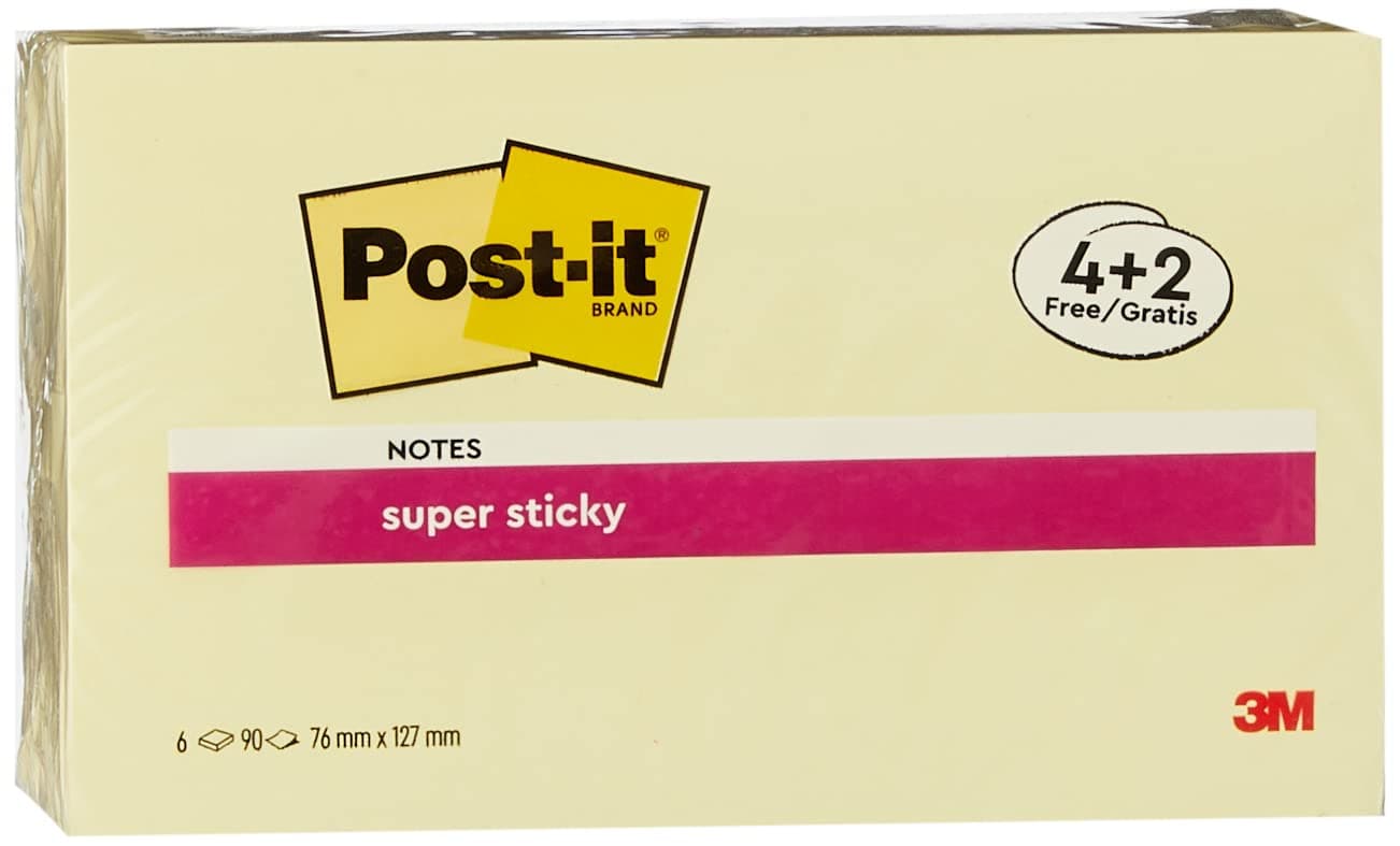 Post-itSuper Sticky Notes, Double the Sticking Power, 4 + 2 FREE Pads, 540 Sheets, 76 mm x 127 mm, Canary Yellow - Self-Sticking Notes for Walls, Monitors and Fridge