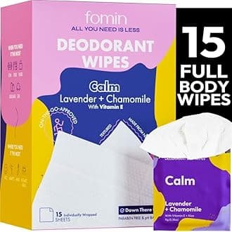 FOMIN Travel Deodorant Wipes - 15 Count - Calming Lavender and Chamomile - pH Balanced, Hypoallergenic Mini Deodorant Wipes For Women and Men - Plastic-Free, Individually Wrapped Underarm & Body Wipe