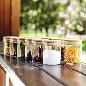 Vency 6 Set Glass Jars Set, 220ml with Bamboo Airtight Lids, Food Cereal Storage Containers for Home Kitchen Tea Herbs Pasta Coffee Flour Herbs Grains